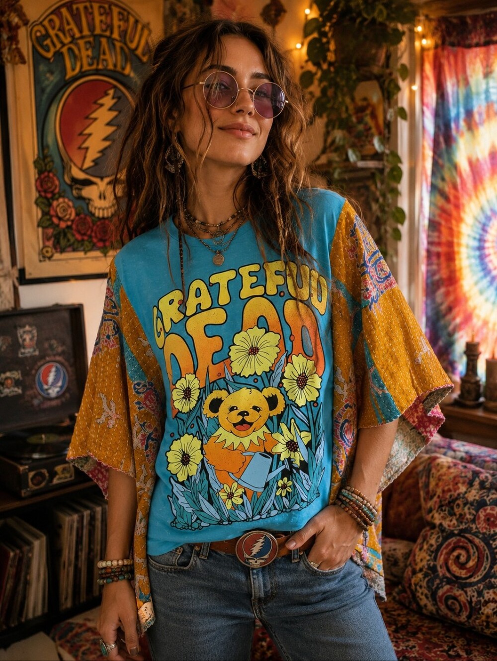 Upcycled Grateful Dead Band Tee With  Kantha Sleeves, OS